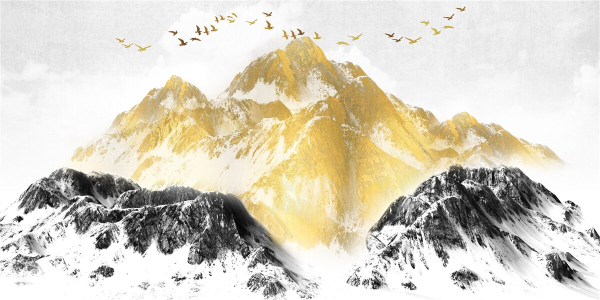 Fotobehang bergketens met gouden toppen