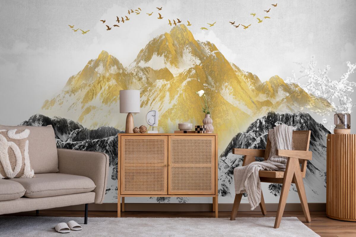 Fotobehang bergketens met gouden toppen