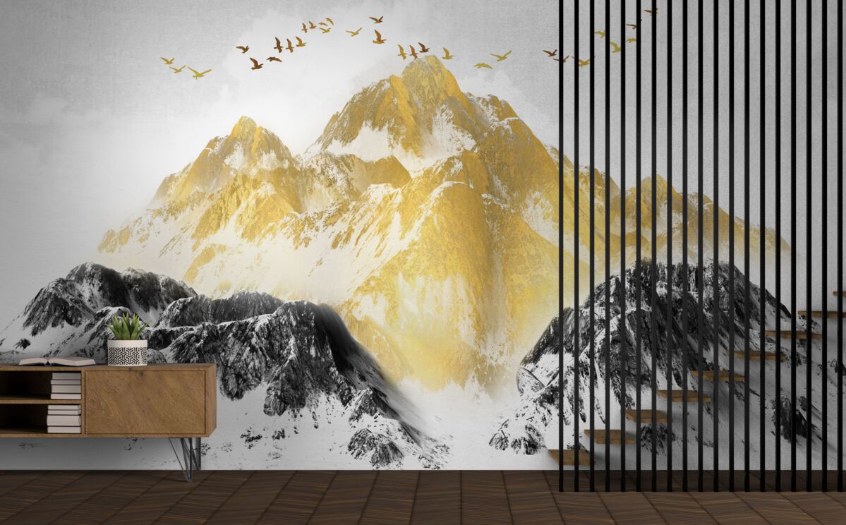 Fotobehang bergketens met gouden toppen