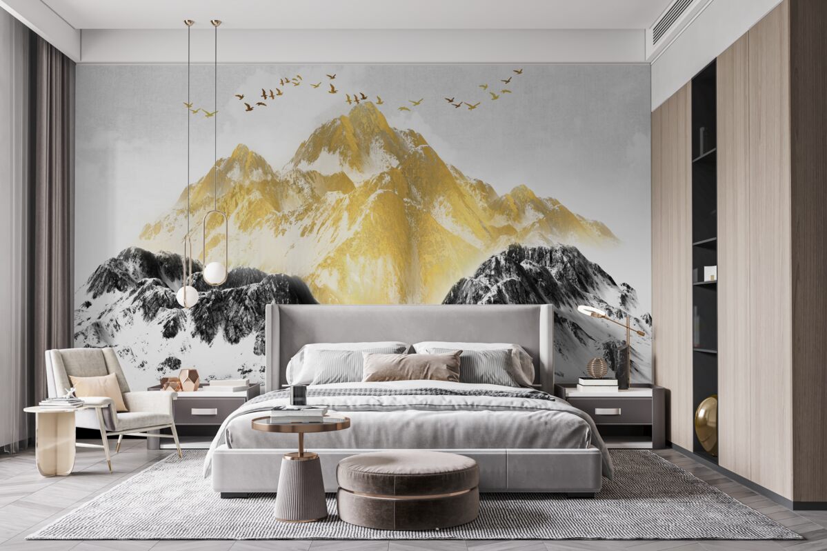 Fotobehang bergketens met gouden toppen