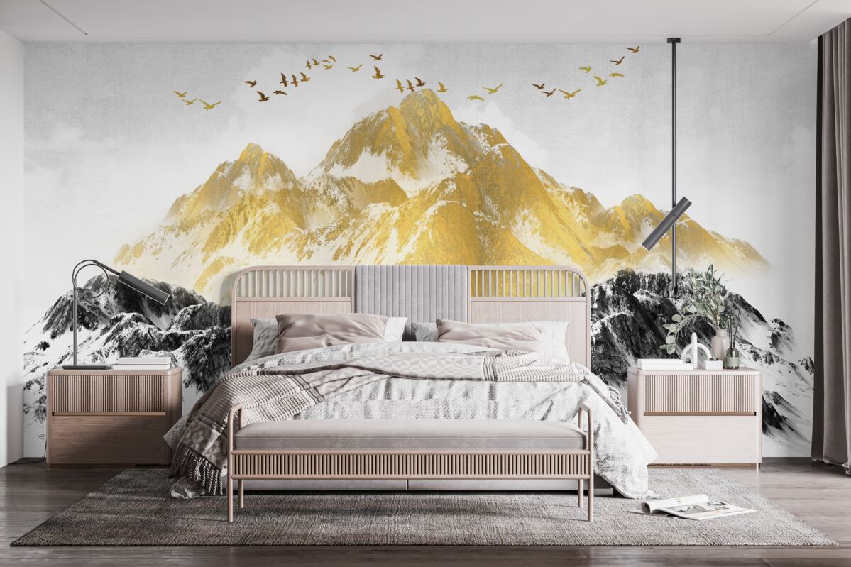 Fotobehang bergketens met gouden toppen