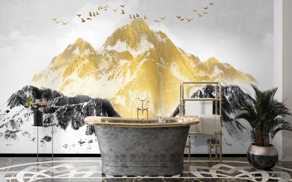 Fotobehang bergketens met gouden toppen