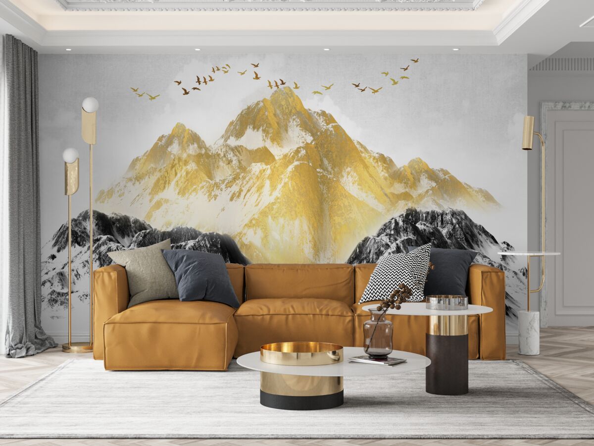 Fotobehang bergketens met gouden toppen