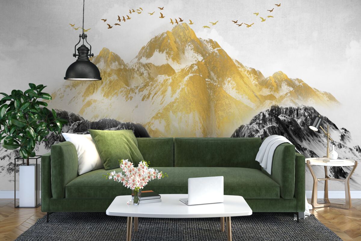 Fotobehang bergketens met gouden toppen