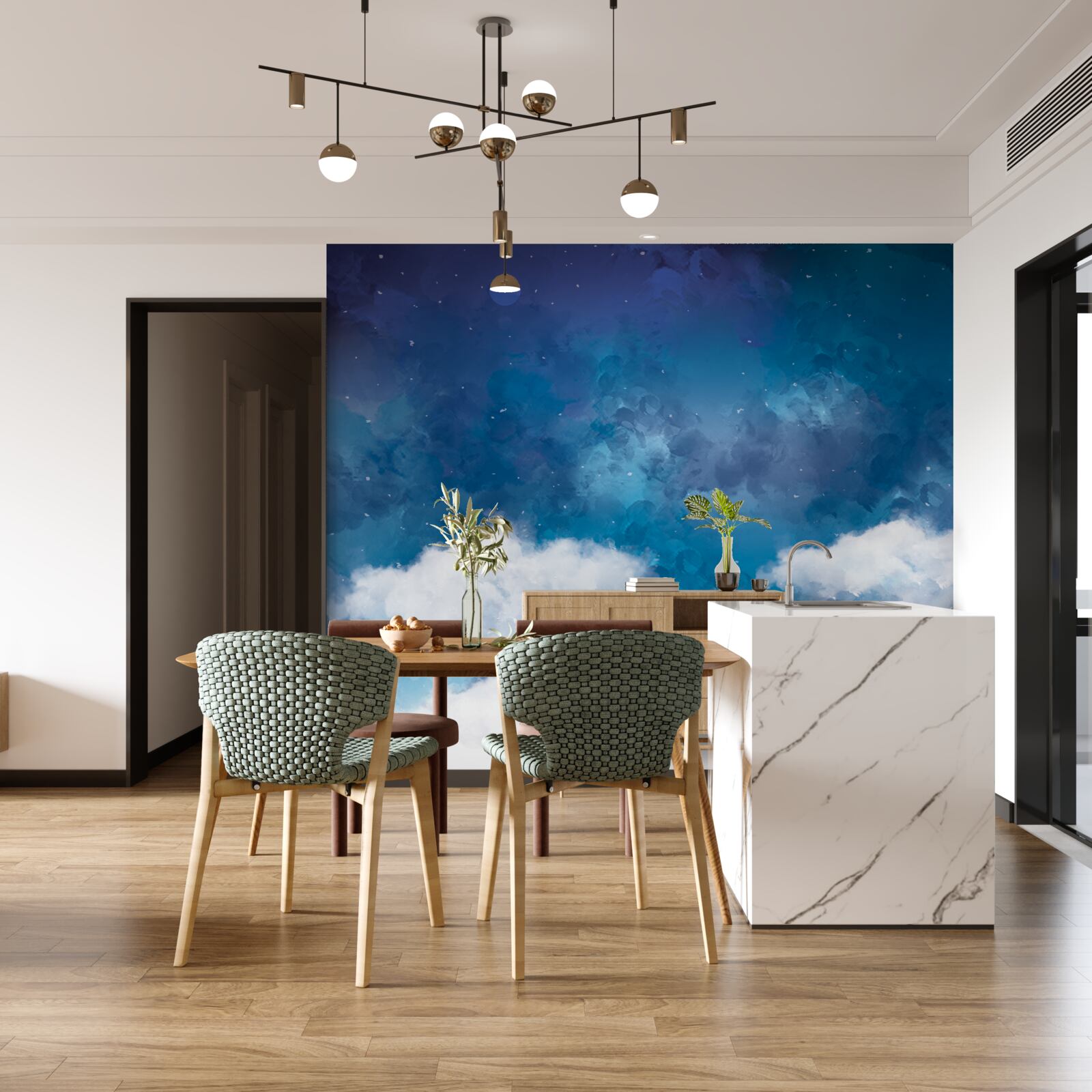 Fotobehang een sterrenhemel 's nachts bezaaid met wolken