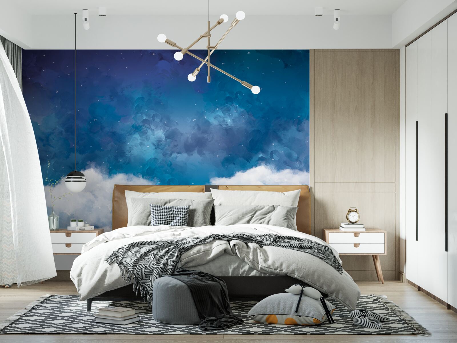 Fotobehang een sterrenhemel 's nachts bezaaid met wolken