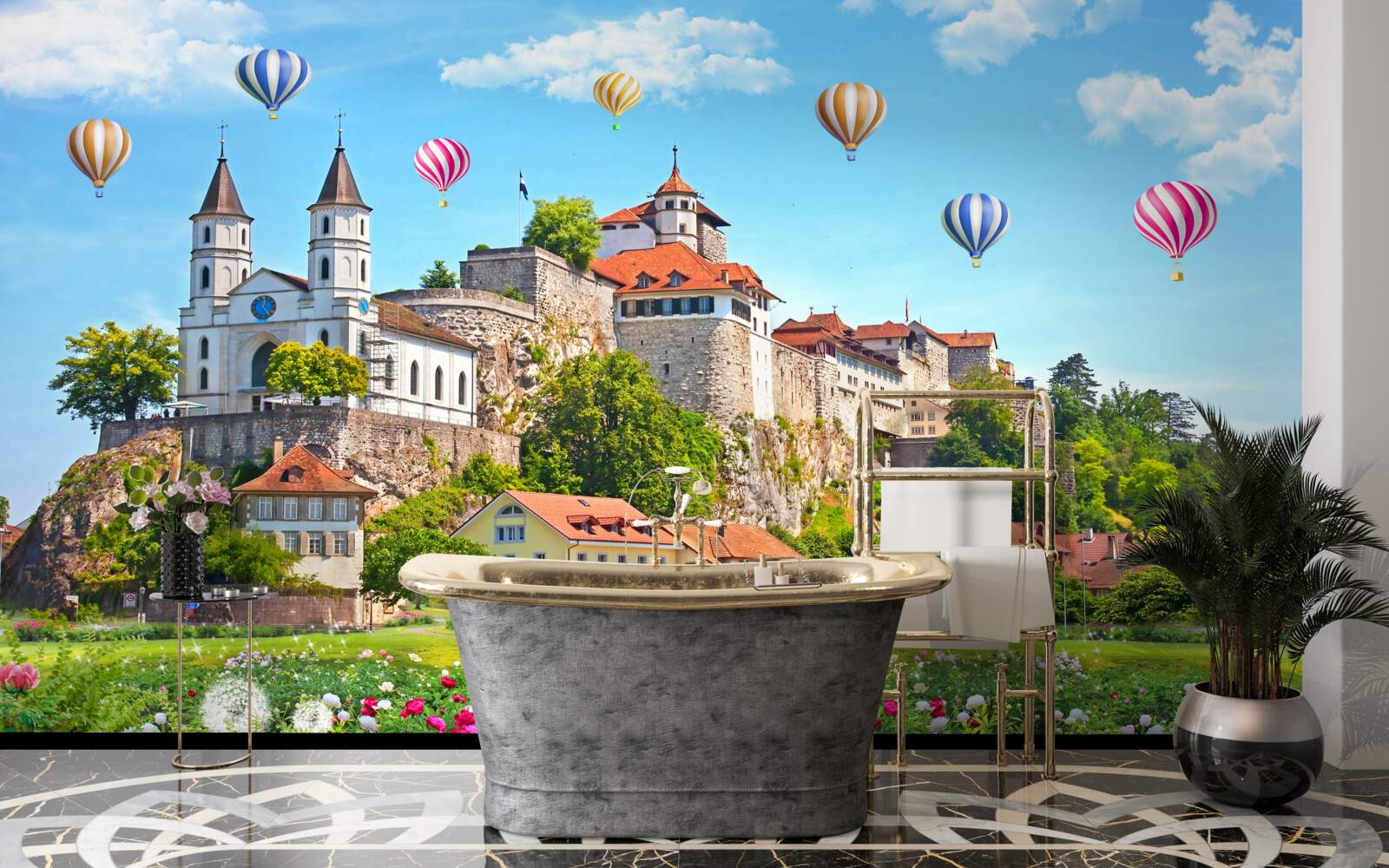 Fotobehang veelkleurige ballonnen vliegen hoog over daken in de stad