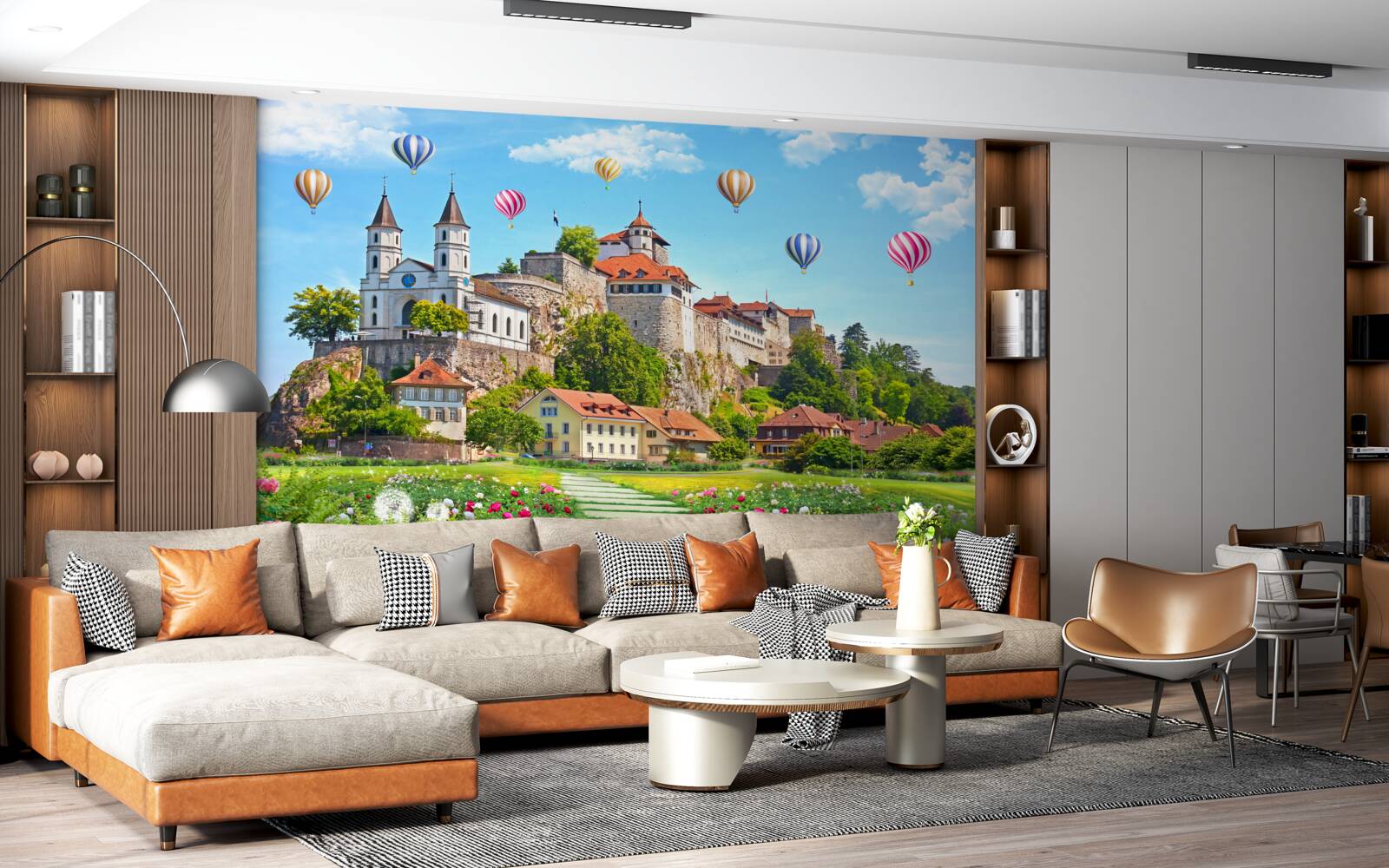 Fotobehang veelkleurige ballonnen vliegen hoog over daken in de stad