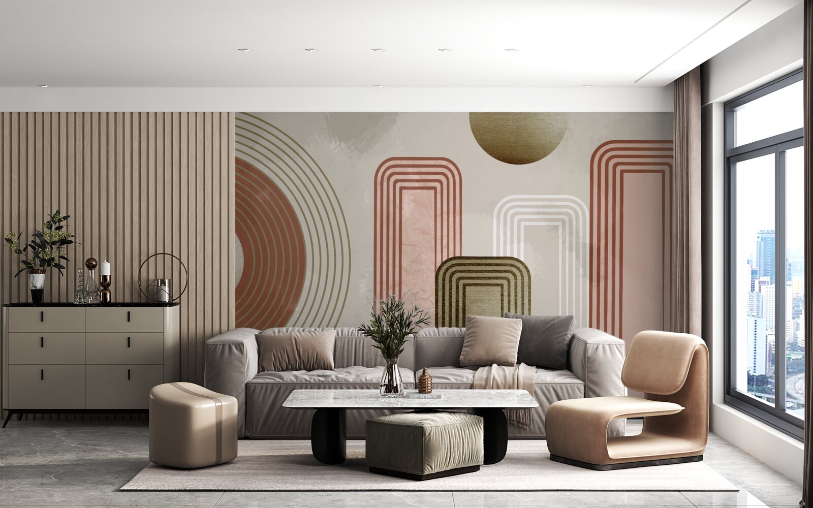 Fotobehang zachte rondingen op een grijze achtergrond