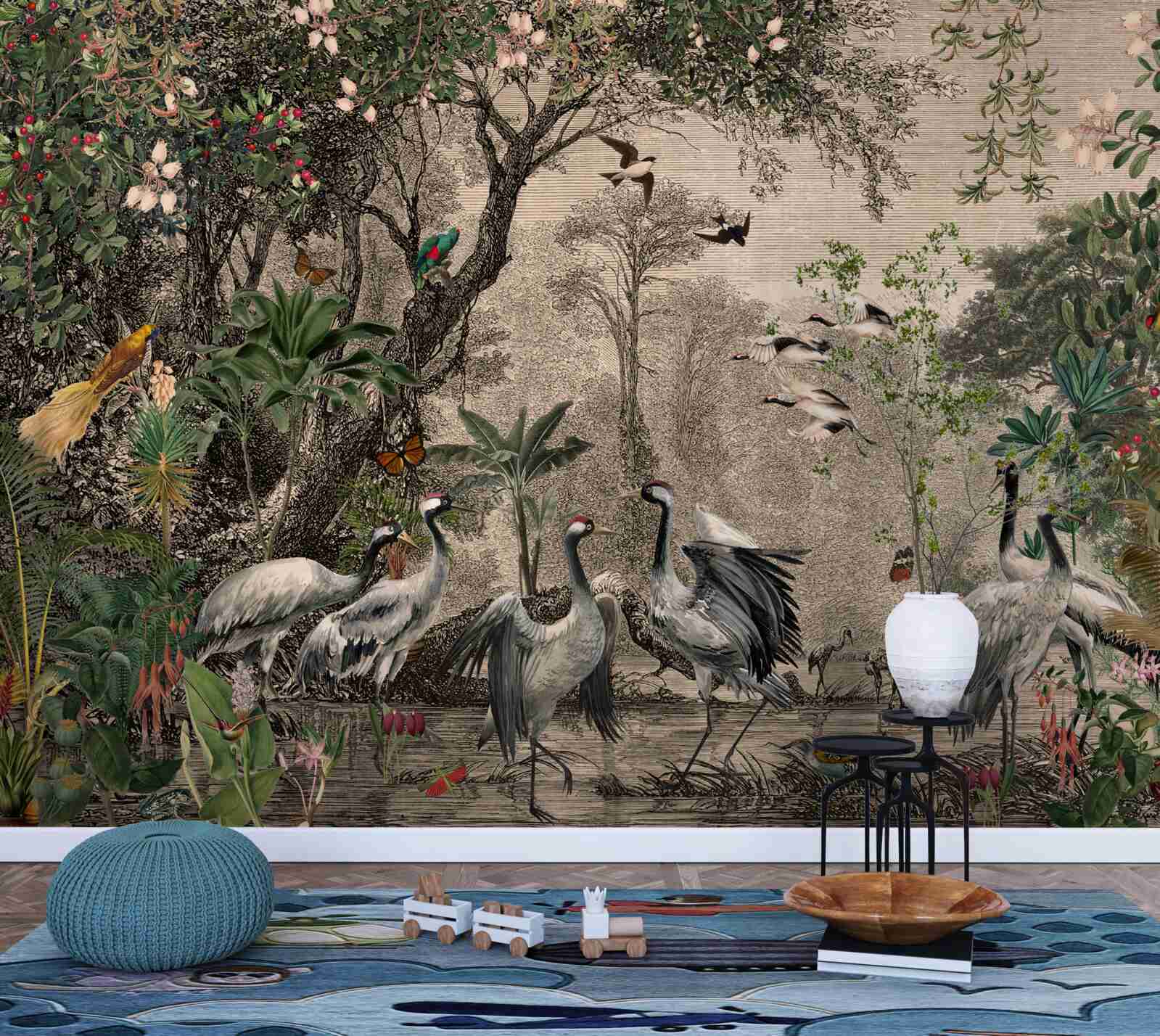 Fotobehang cluster kraanvogels bij een bosvijver