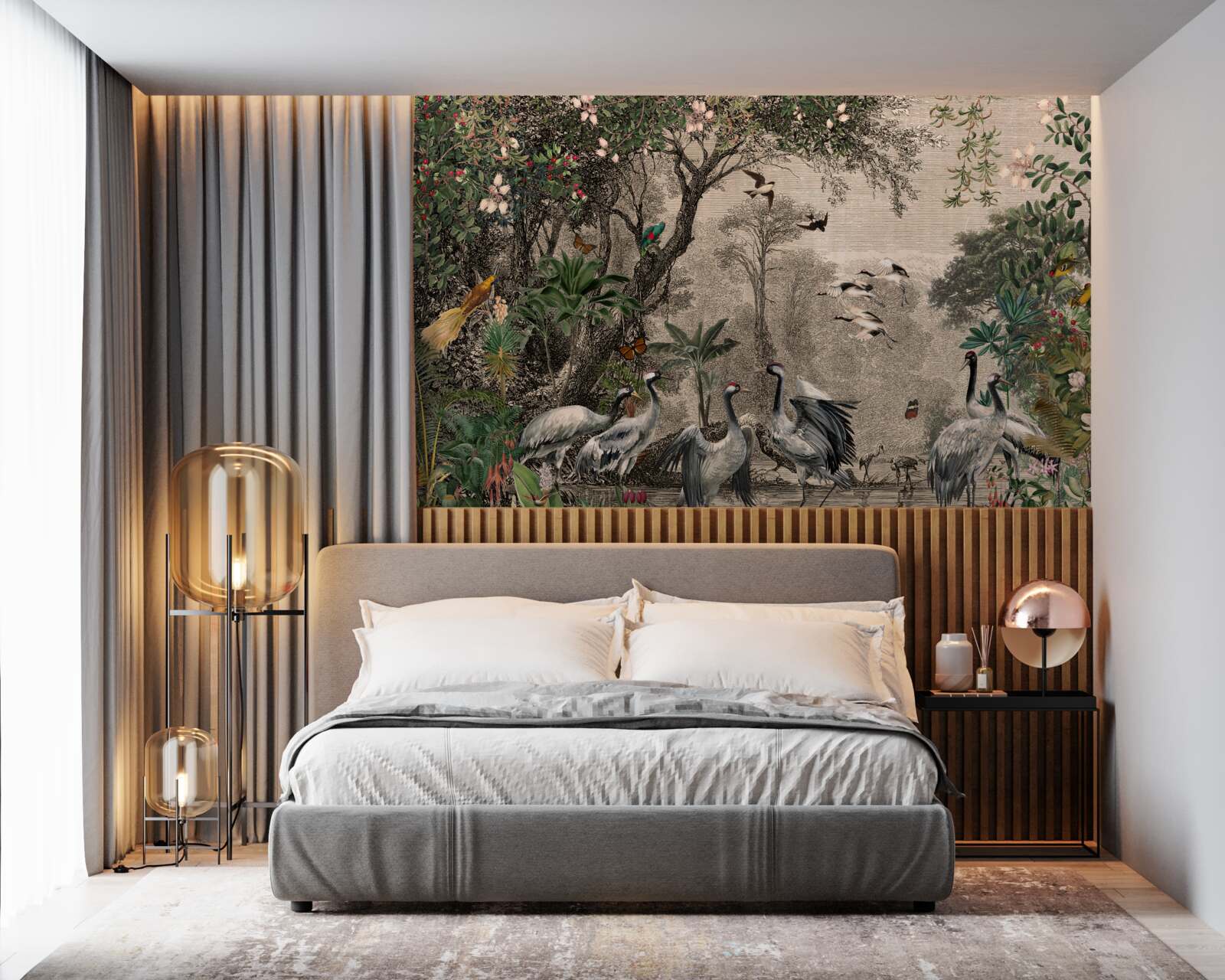 Fotobehang cluster kraanvogels bij een bosvijver