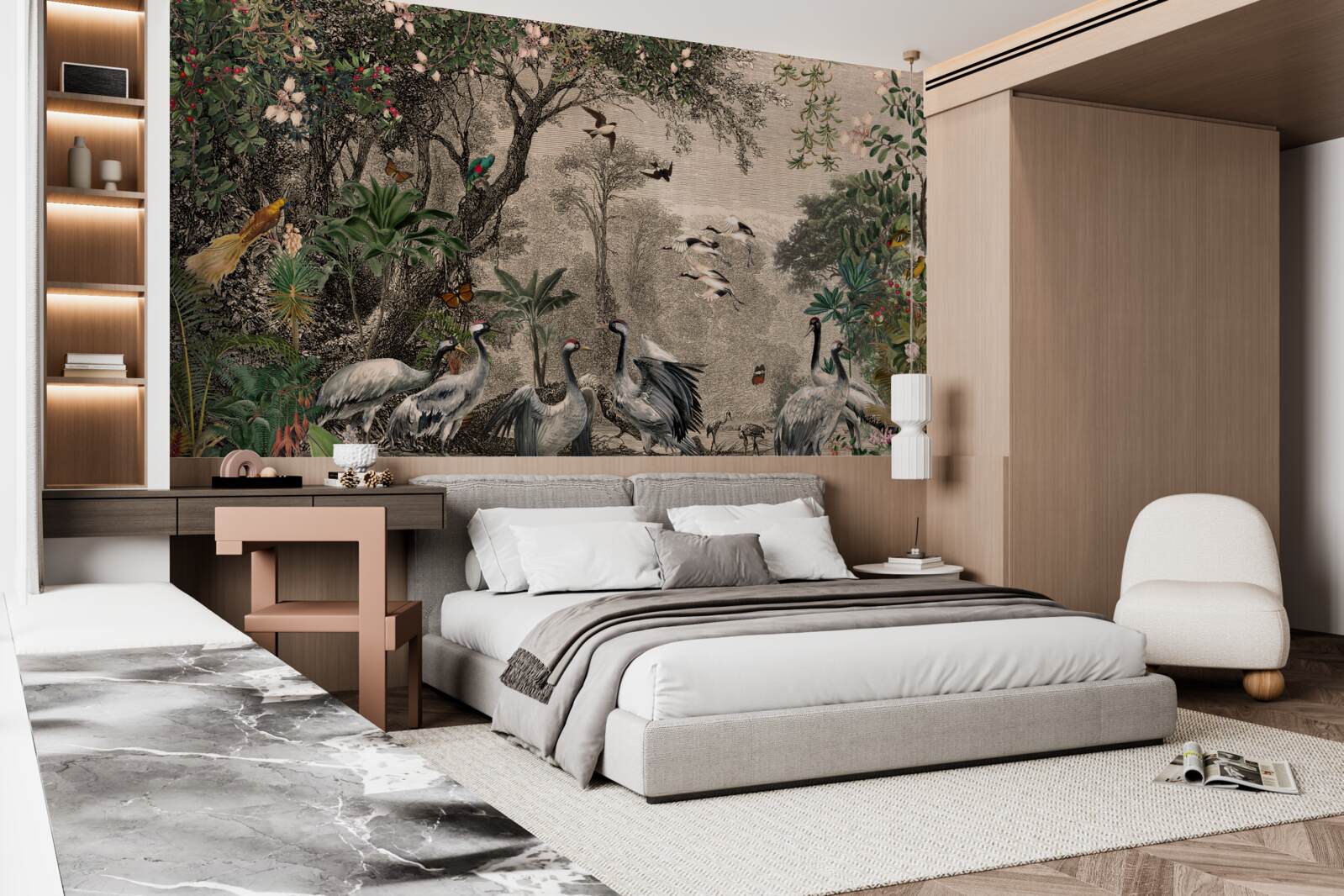 Fotobehang cluster kraanvogels bij een bosvijver