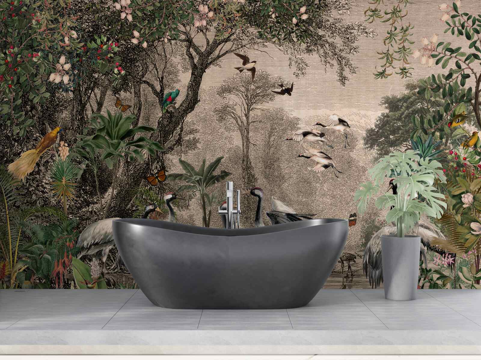 Fotobehang cluster kraanvogels bij een bosvijver