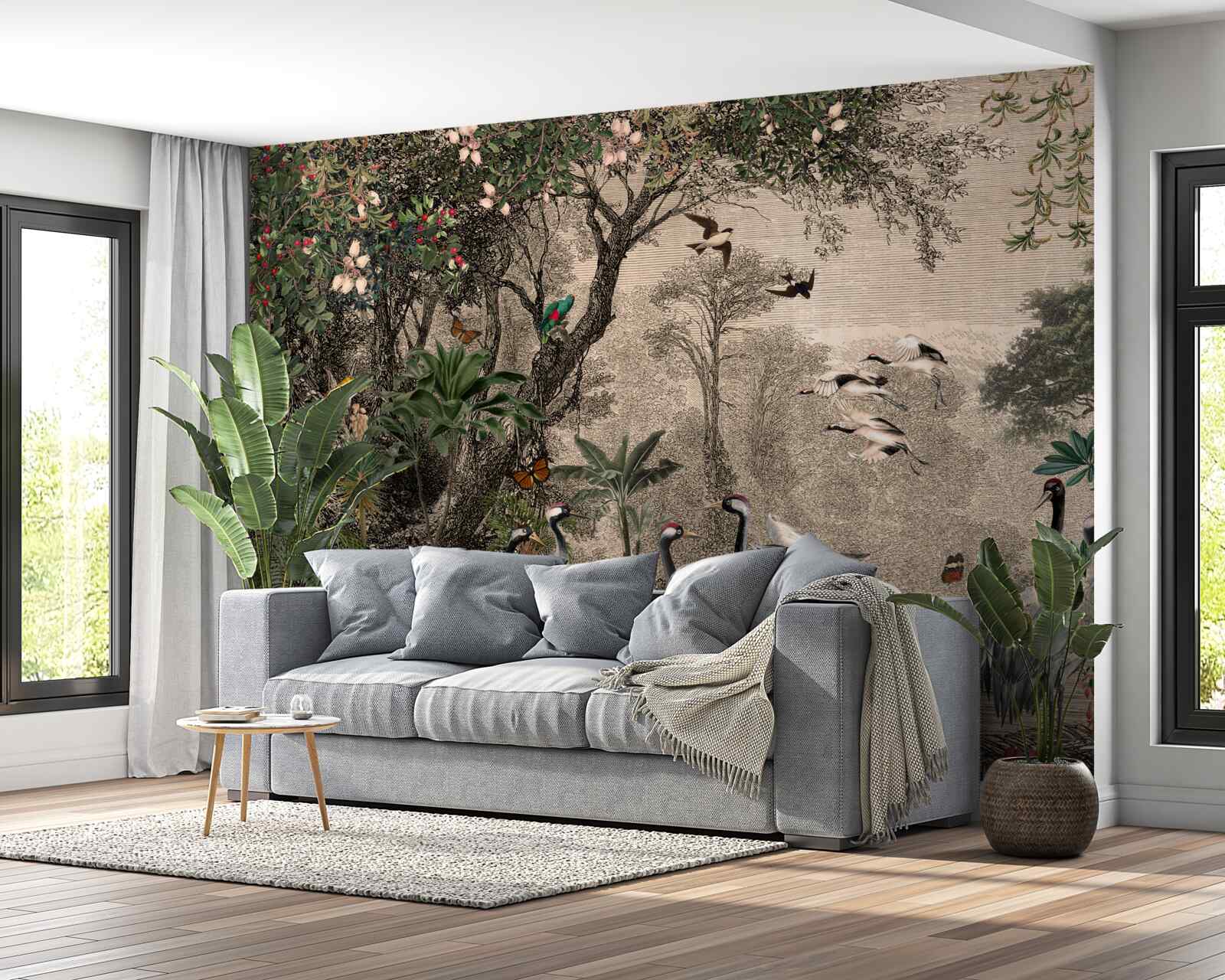 Fotobehang cluster kraanvogels bij een bosvijver