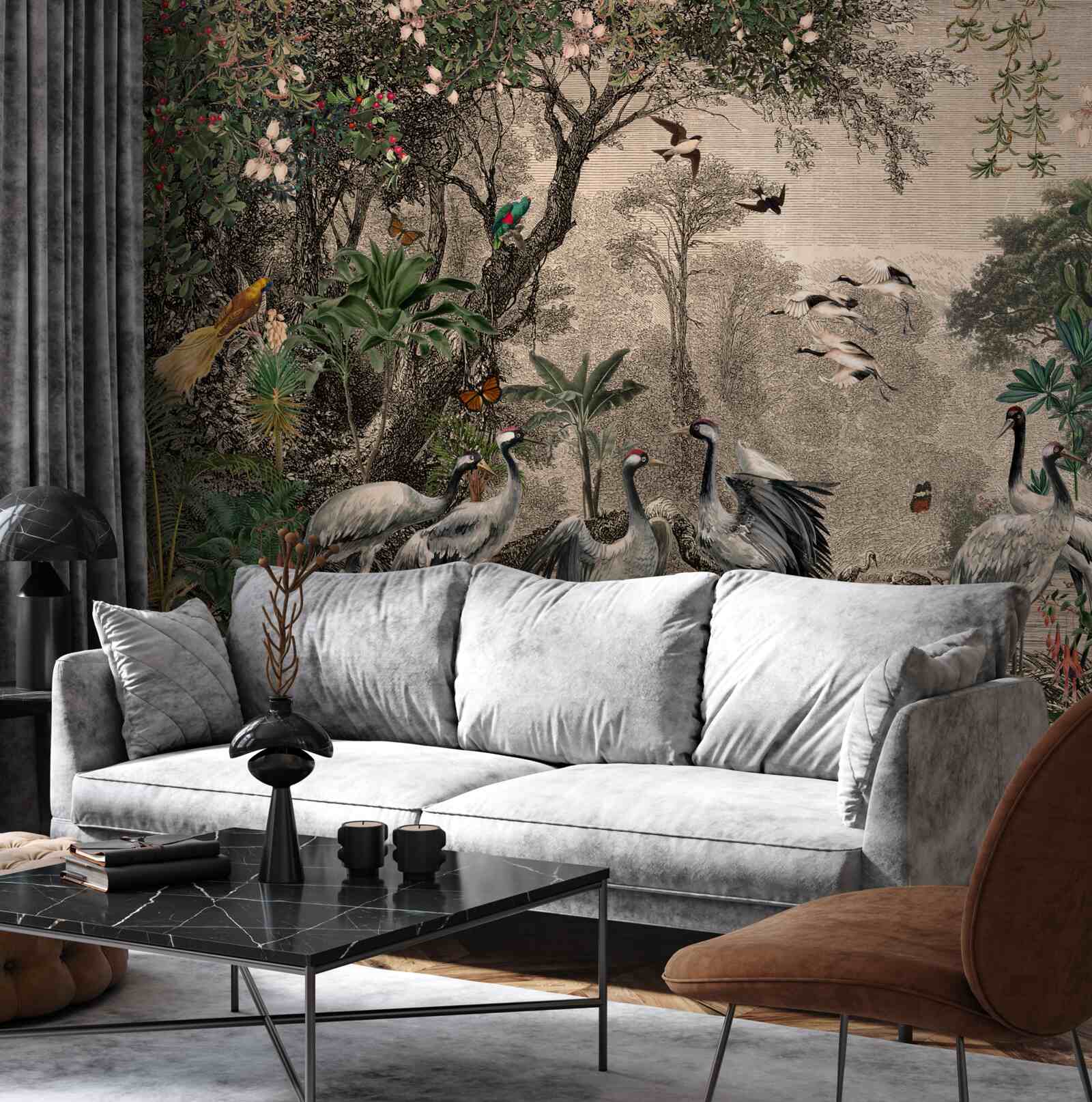 Fotobehang cluster kraanvogels bij een bosvijver