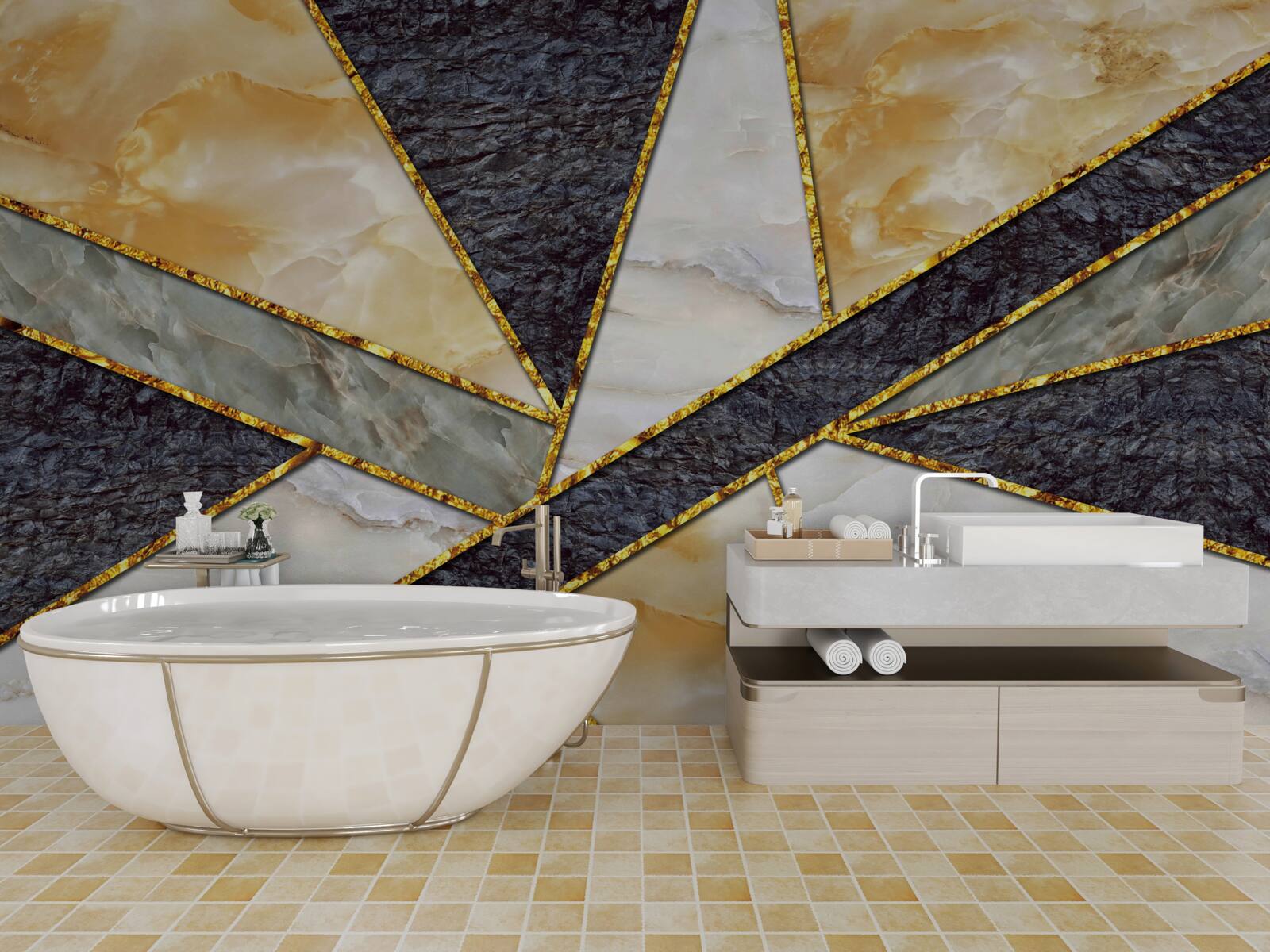 Fotobehang gekleurd marmer in gouden proporties