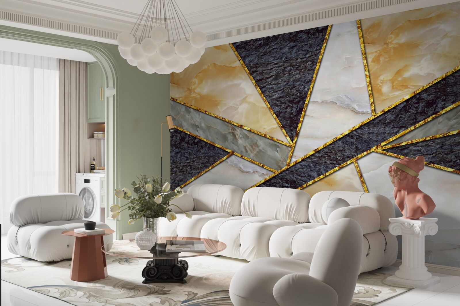 Fotobehang gekleurd marmer in gouden proporties