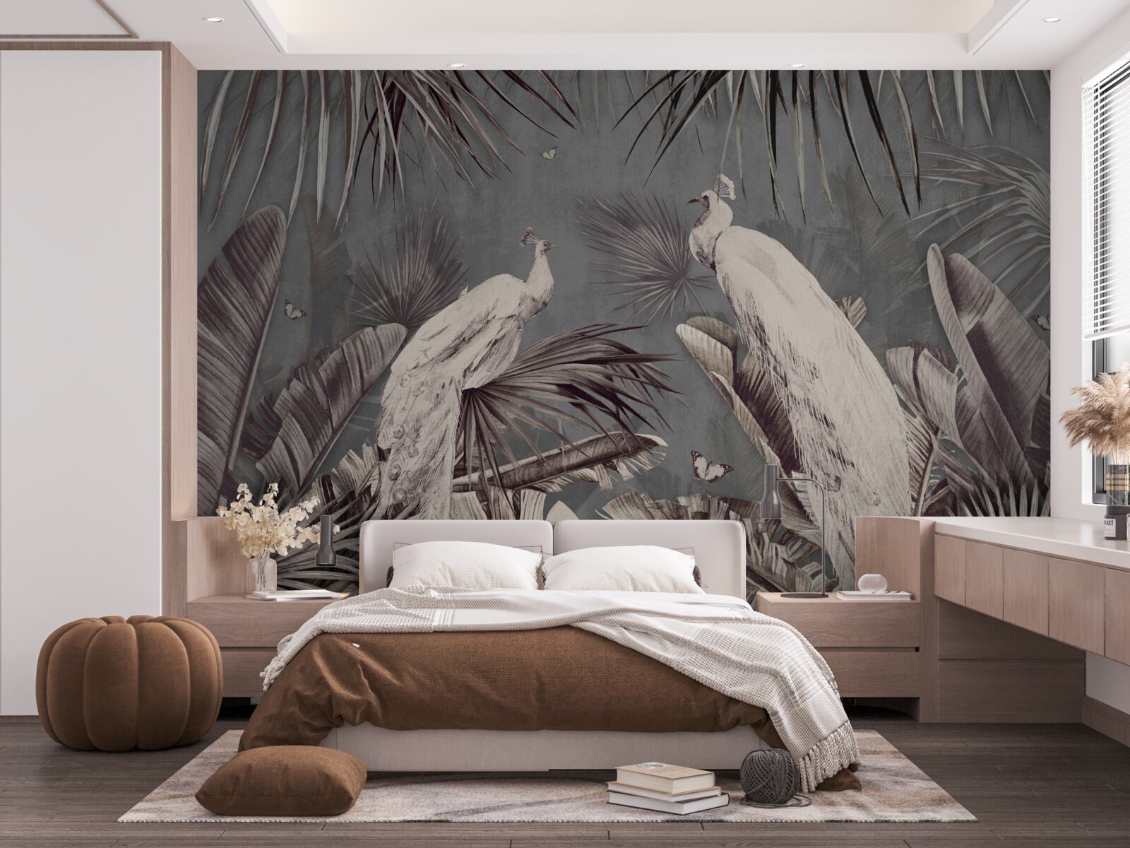 Fotobehang witte pauwen bereiden zich voor op regen