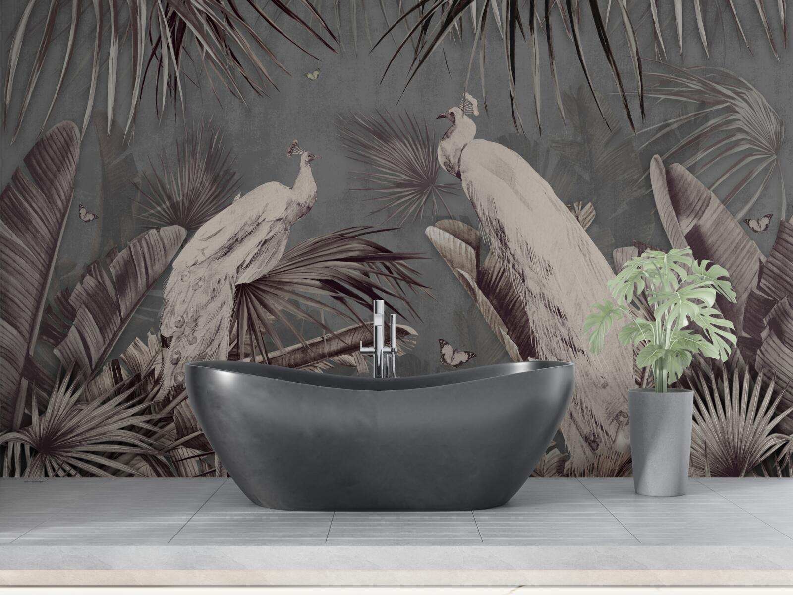 Fotobehang witte pauwen bereiden zich voor op regen