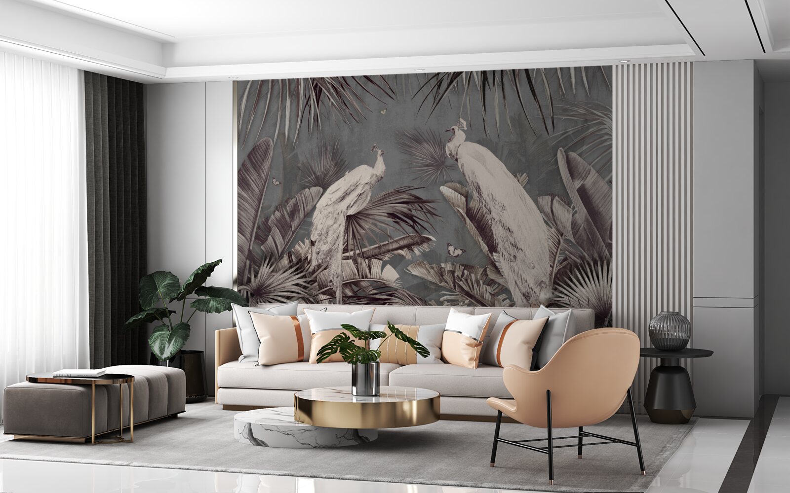 Fotobehang witte pauwen bereiden zich voor op regen