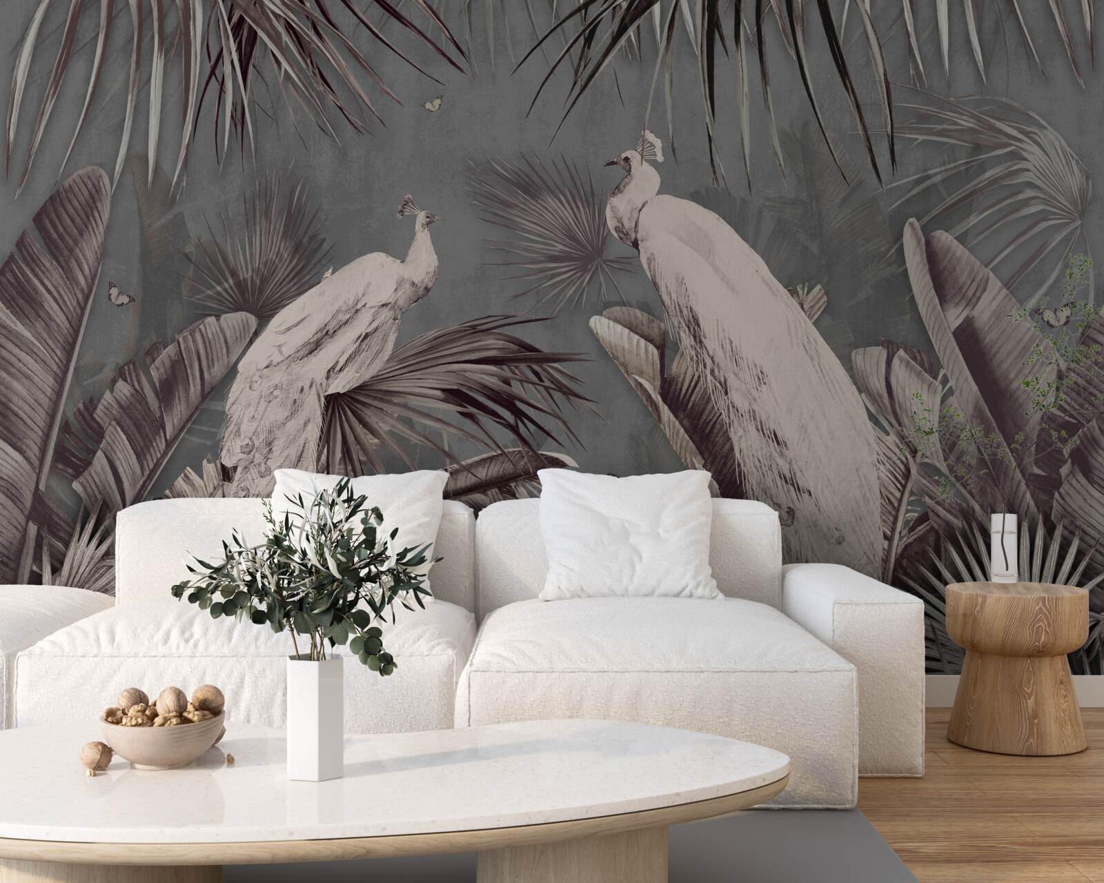 Fotobehang witte pauwen bereiden zich voor op regen