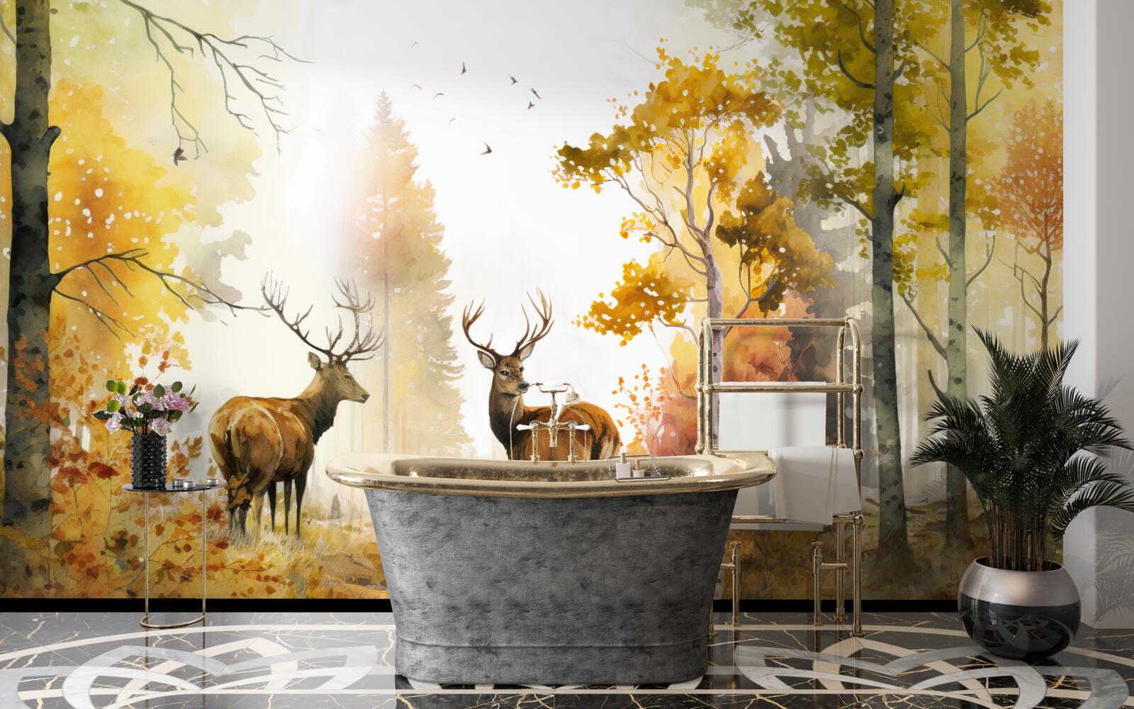 Fotobehang herfstbos wordt wandelgebied voor herten