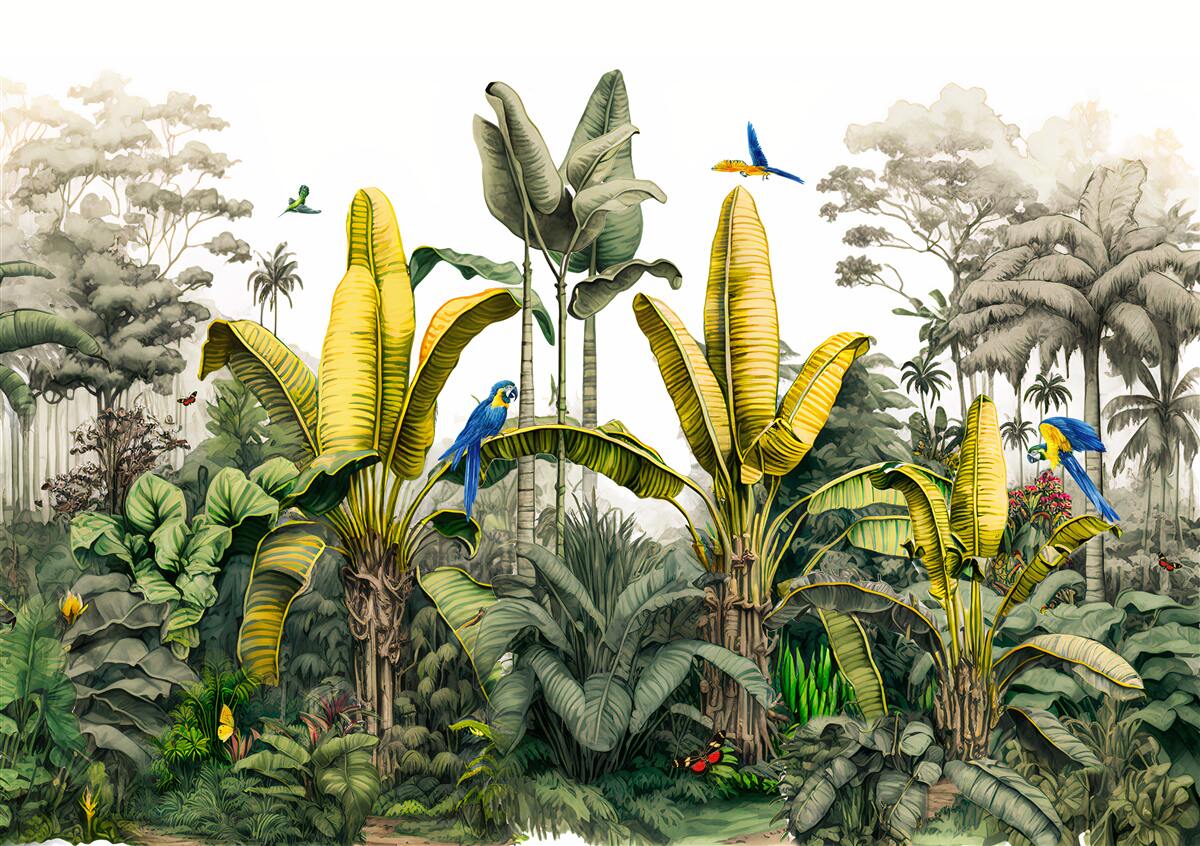 Fotobehang gouden varenbladeren glinsteren in het groene bos