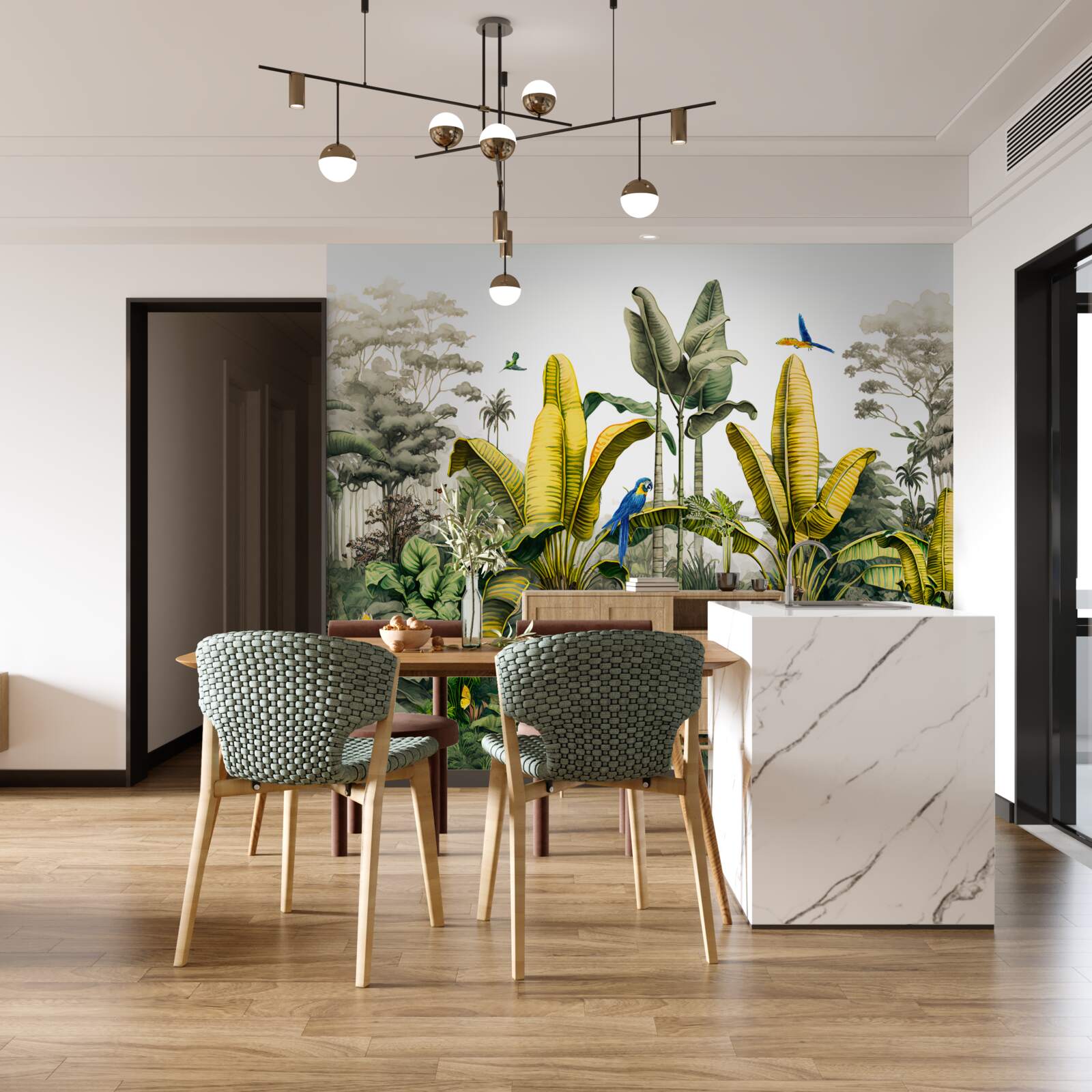 Fotobehang gouden varenbladeren glinsteren in het groene bos