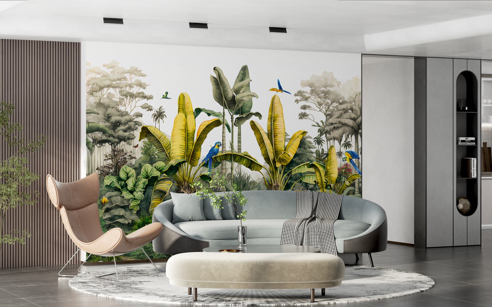 Fotobehang gouden varenbladeren glinsteren in het groene bos