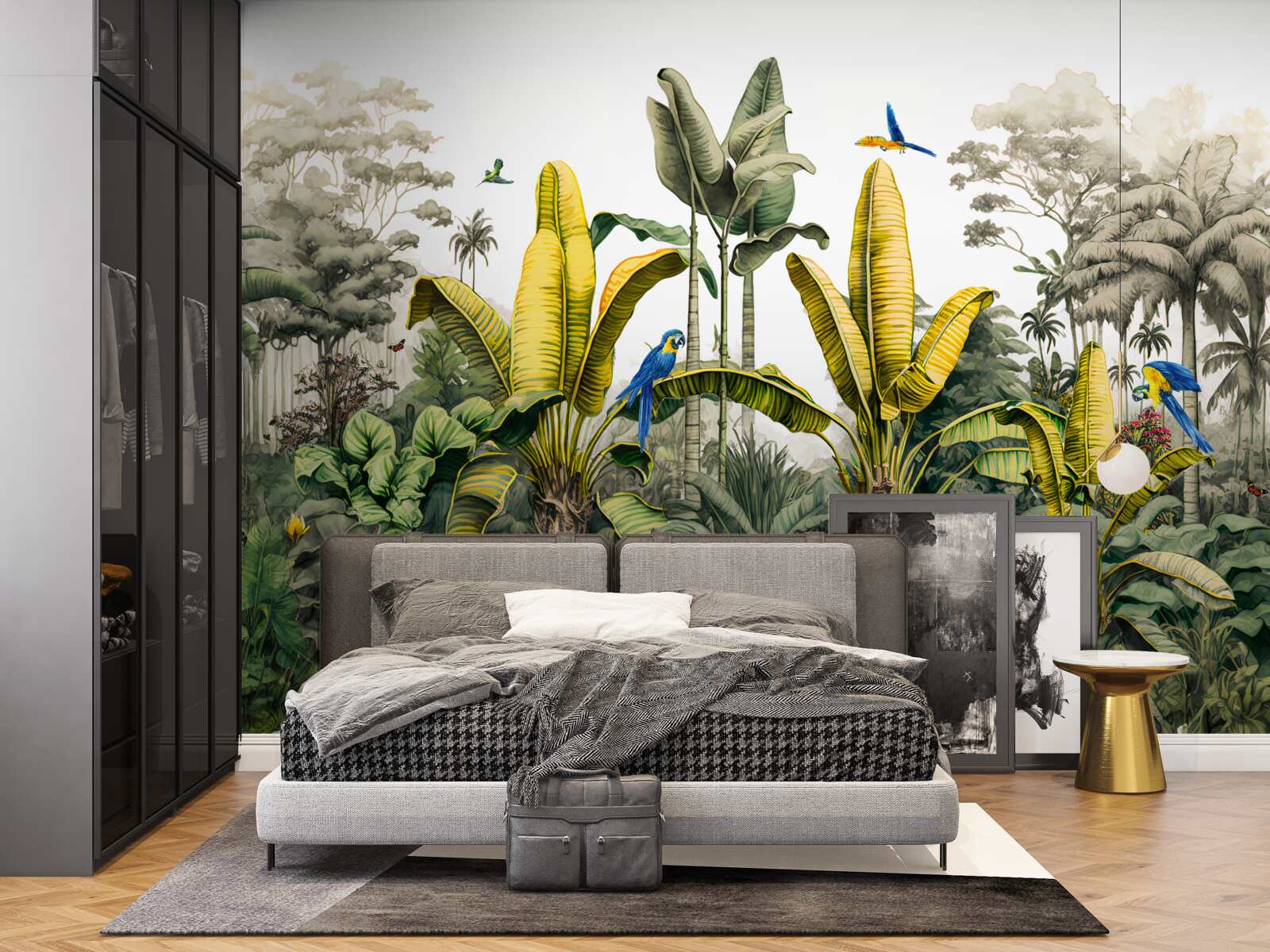 Fotobehang gouden varenbladeren glinsteren in het groene bos