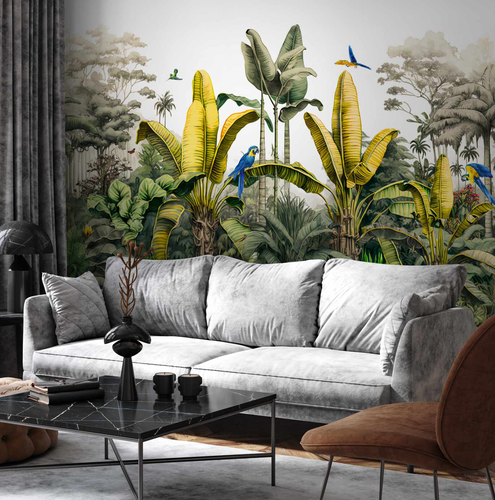 Fotobehang gouden varenbladeren glinsteren in het groene bos