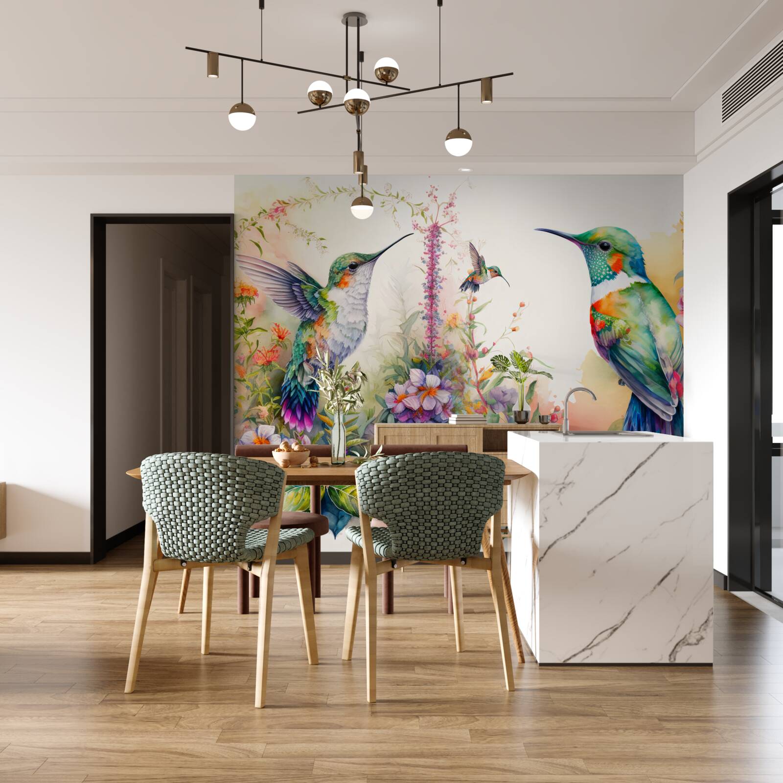 Fotobehang kolibries communiceren met kleuren