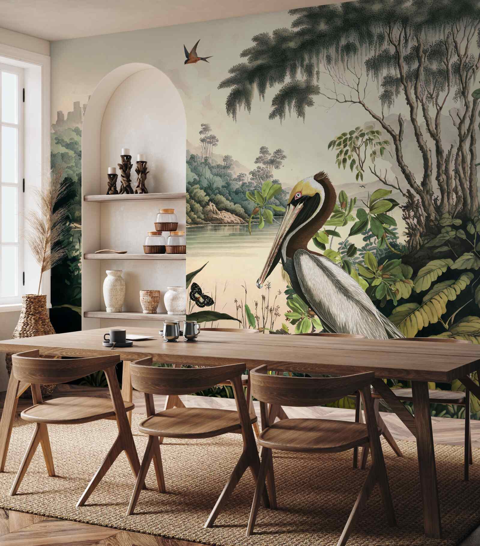 Fotobehang pelikaan zoekt voedsel in meerwater