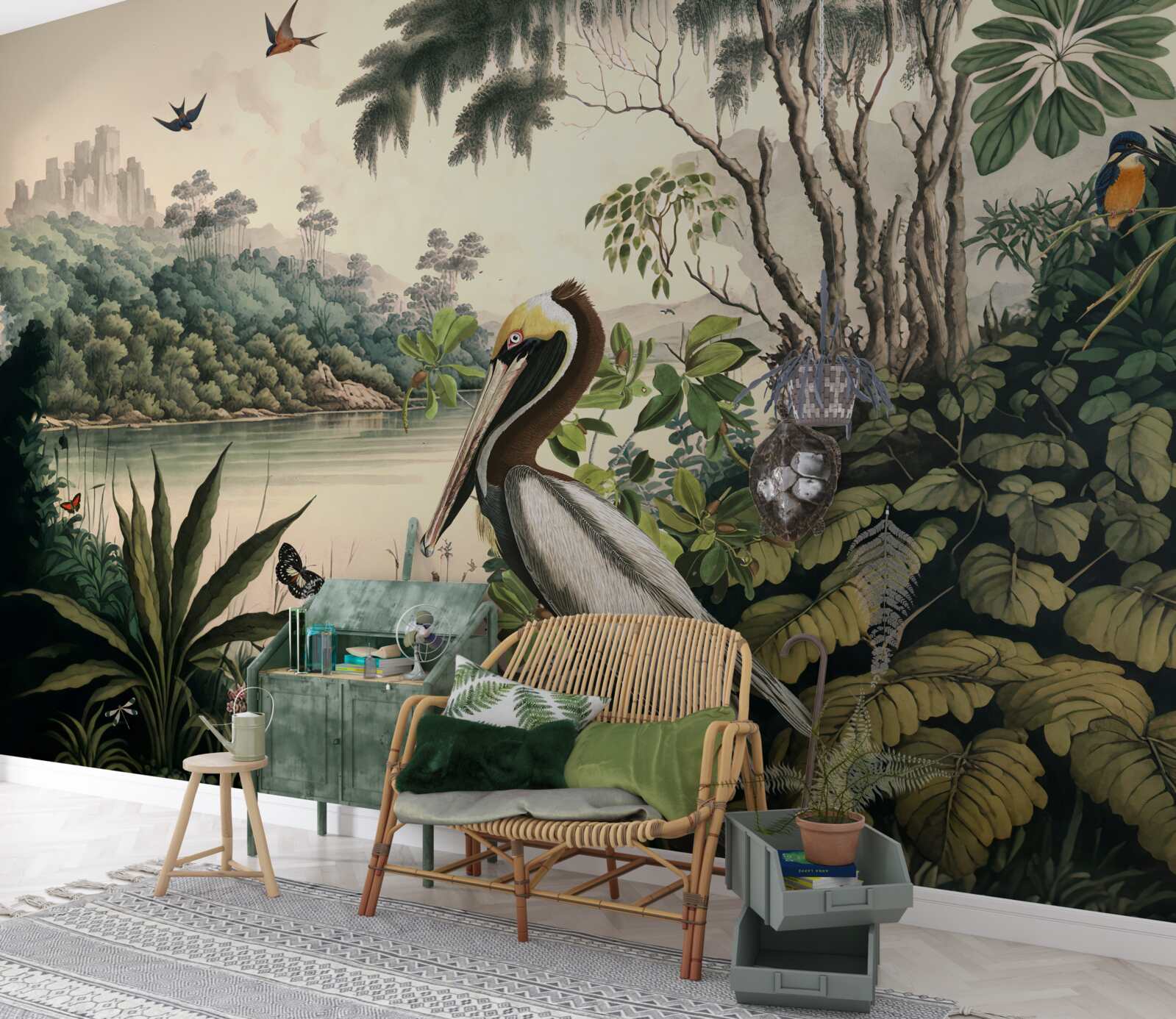 Fotobehang pelikaan zoekt voedsel in meerwater