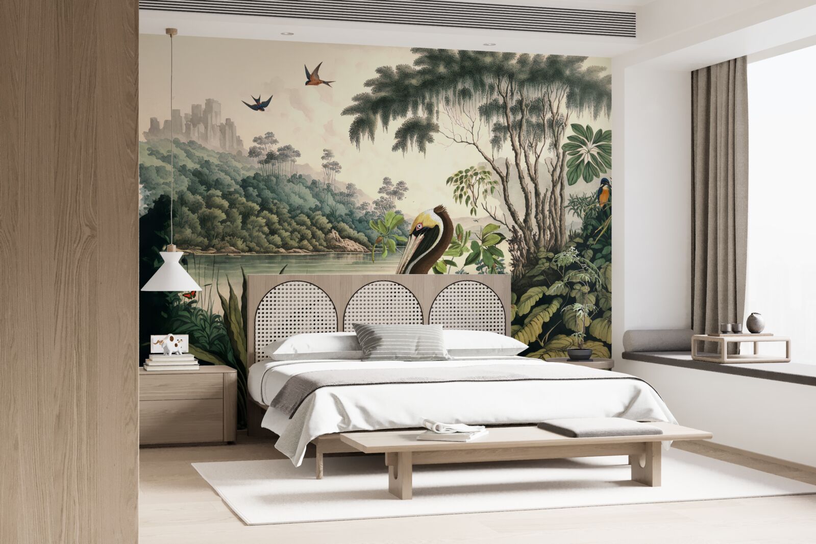 Fotobehang pelikaan zoekt voedsel in meerwater