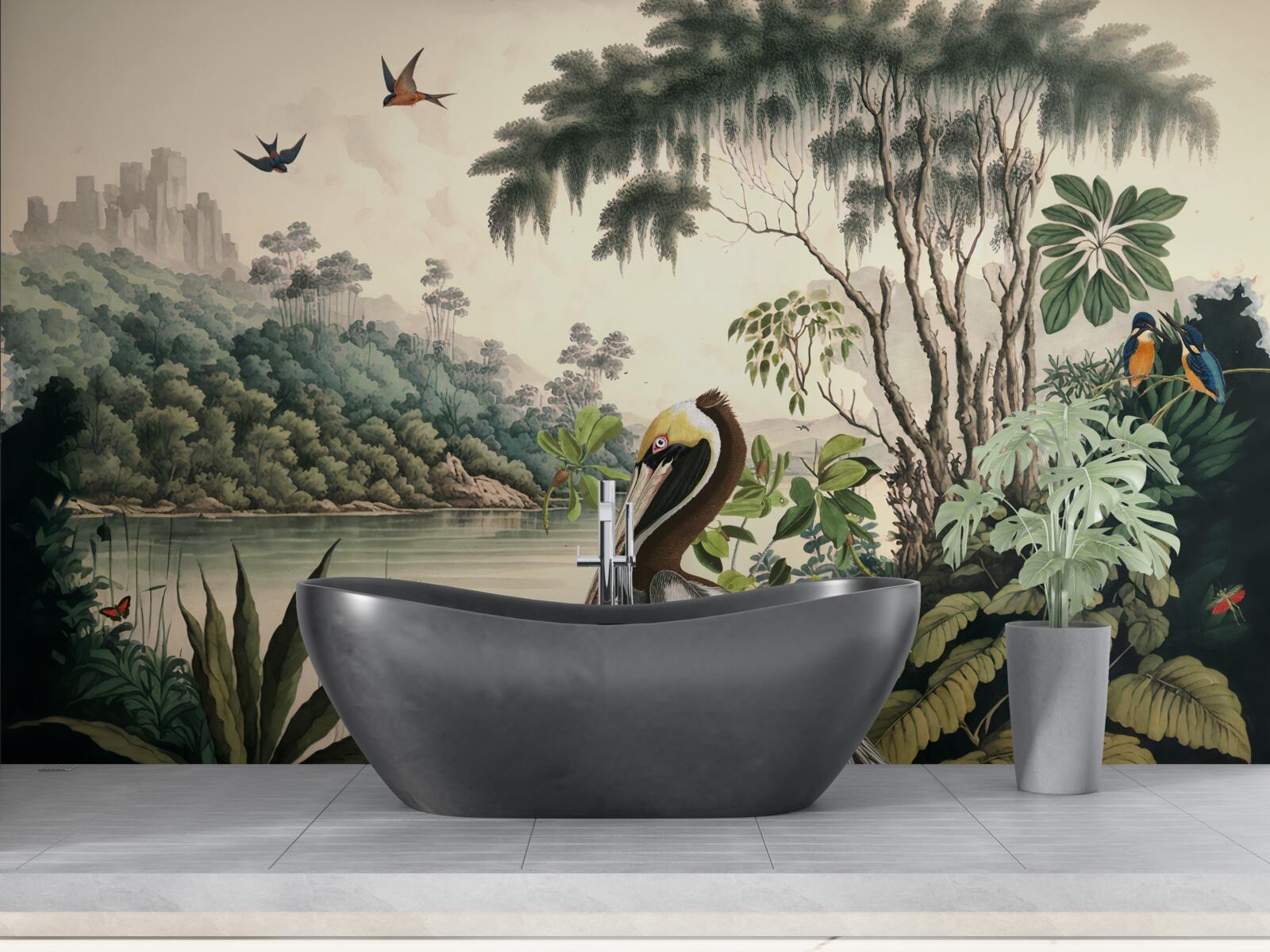 Fotobehang pelikaan zoekt voedsel in meerwater