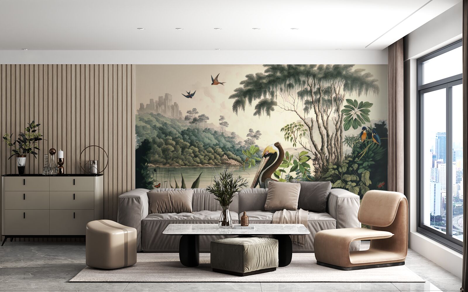 Fotobehang pelikaan zoekt voedsel in meerwater