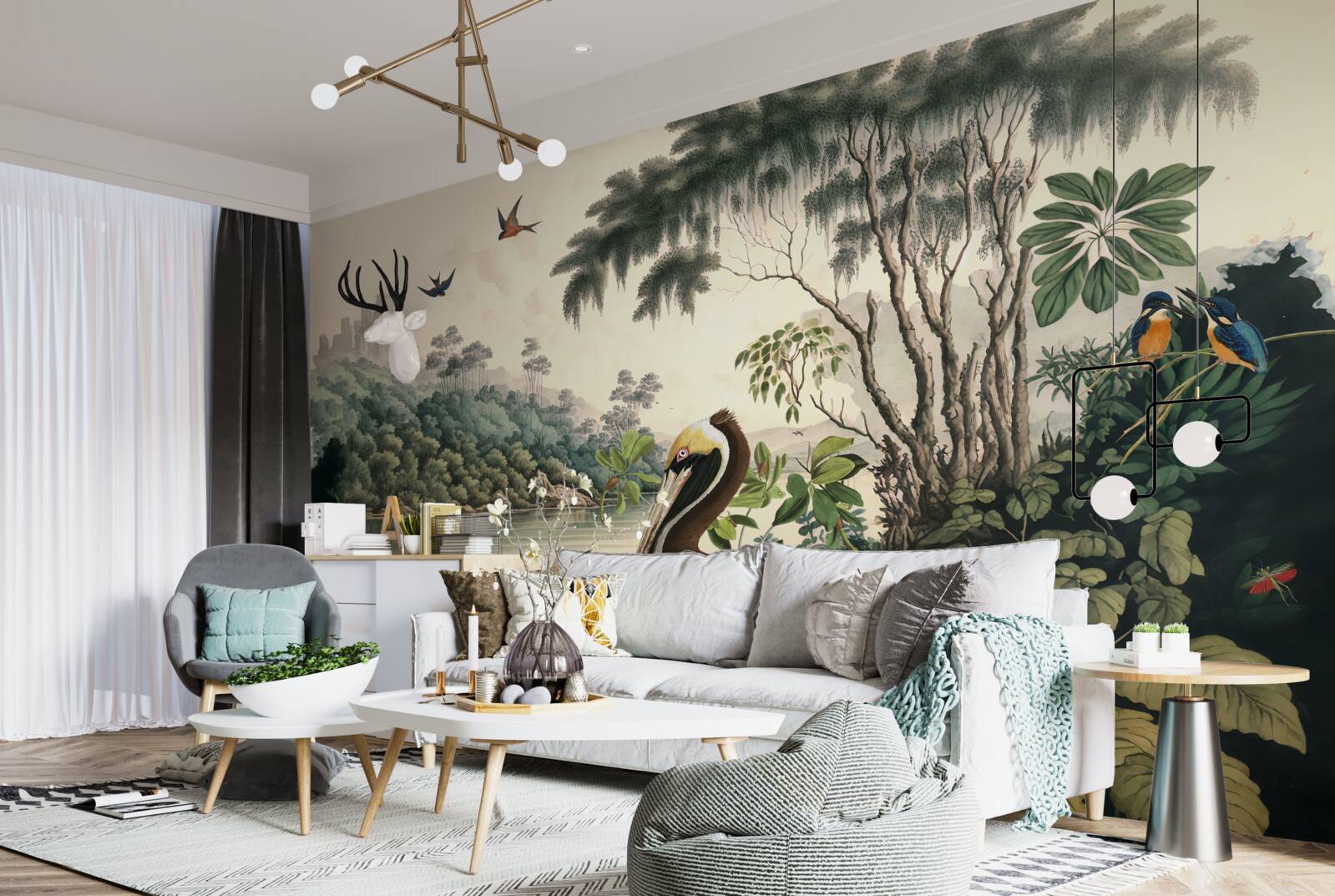 Fotobehang pelikaan zoekt voedsel in meerwater