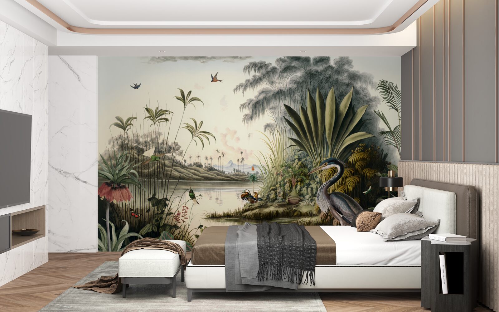 Fotobehang Kraanvogel bij groenige vijver