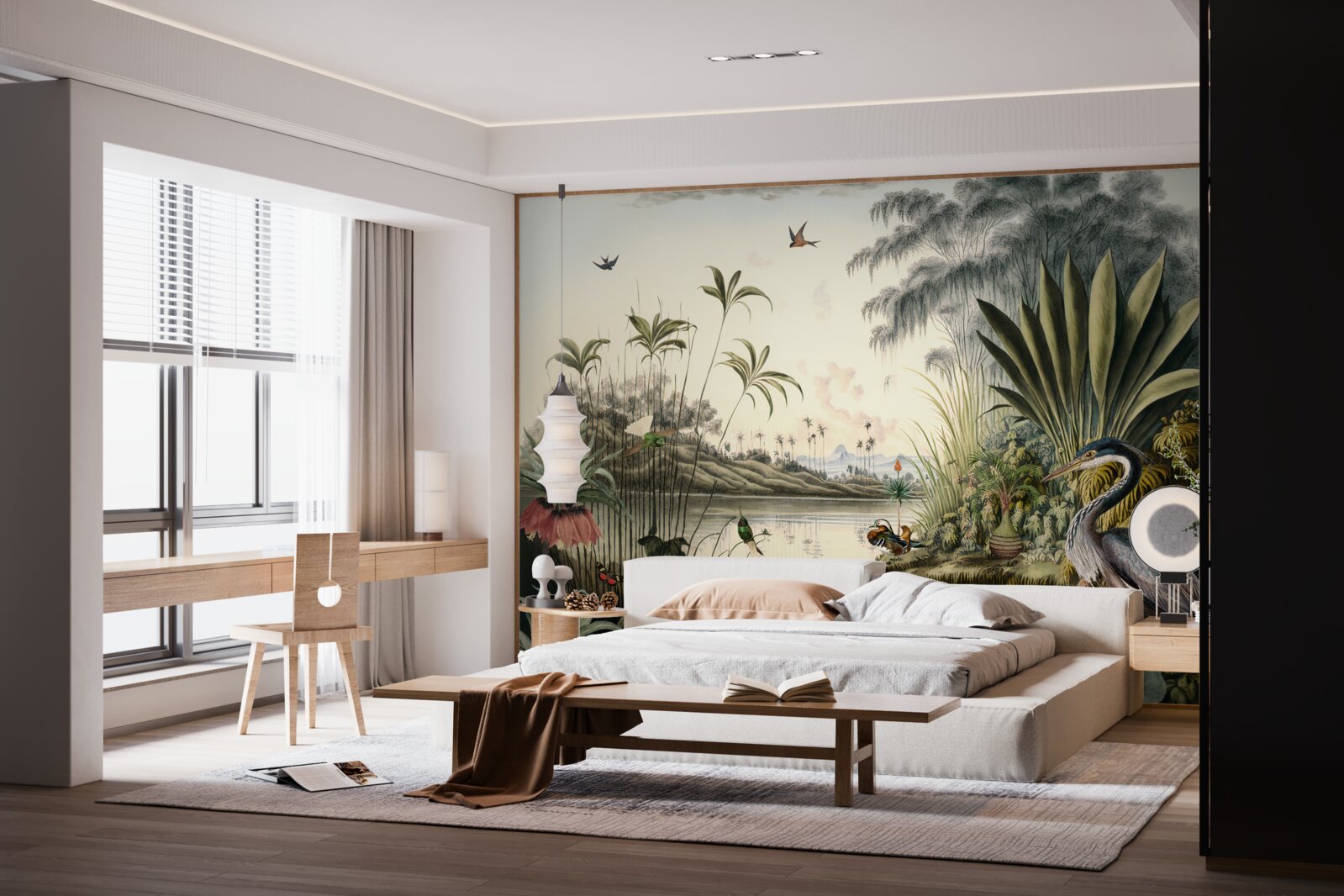 Fotobehang Kraanvogel bij groenige vijver