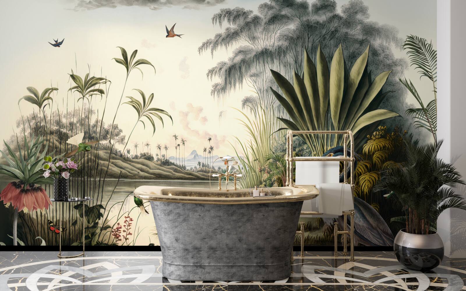 Fotobehang Kraanvogel bij groenige vijver