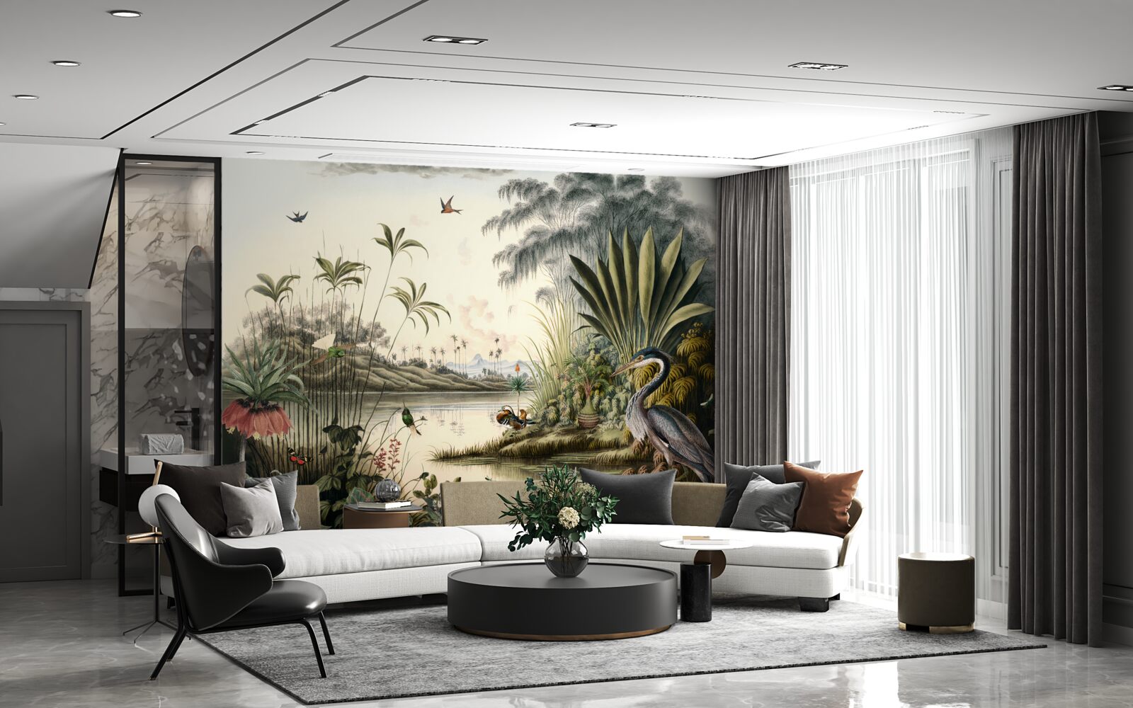 Fotobehang Kraanvogel bij groenige vijver