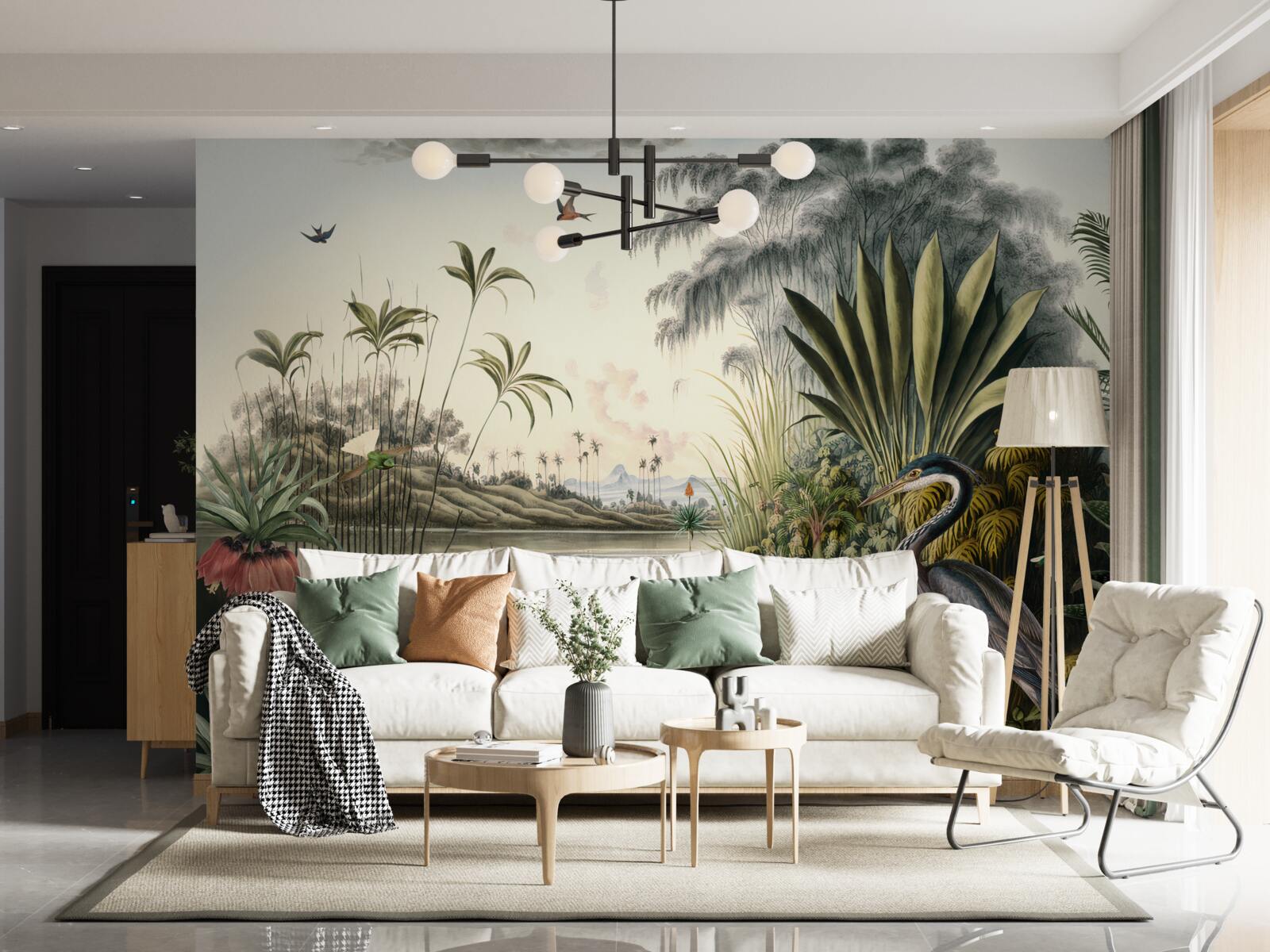 Fotobehang Kraanvogel bij groenige vijver