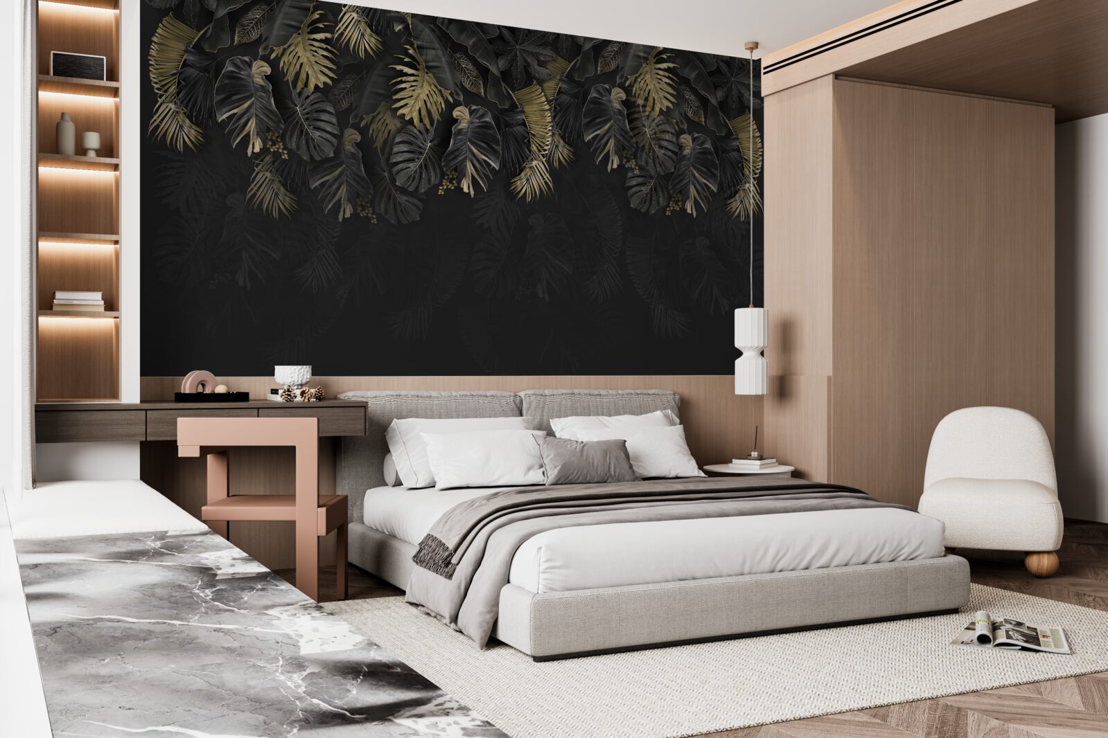 Fotobehang nachtvaren, geschilderd in gouden en groene tinten