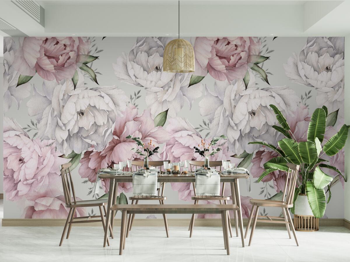 Fotobehang prachtige pioenrozen in witte en roze tinten