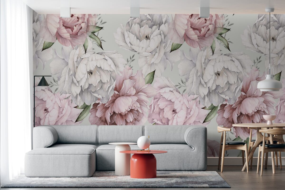 Fotobehang prachtige pioenrozen in witte en roze tinten