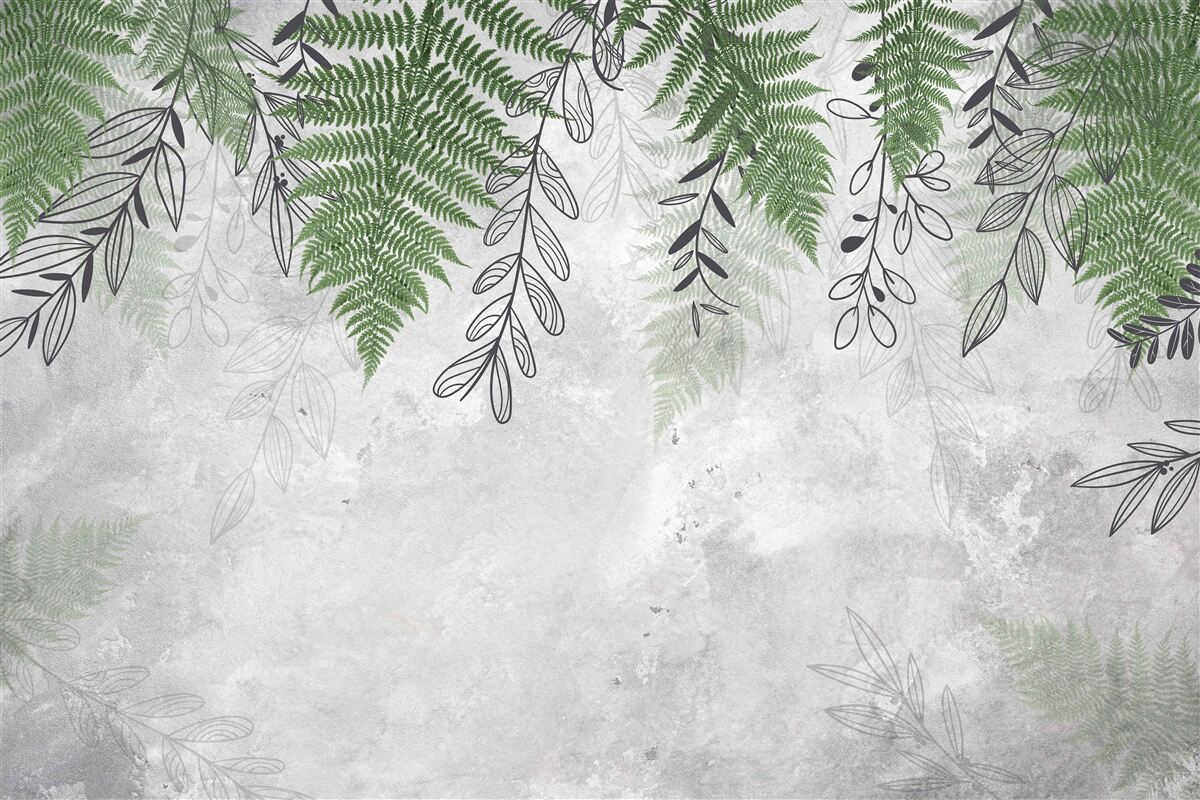Fotobehang varenbladeren in groen op een grijze achtergrond