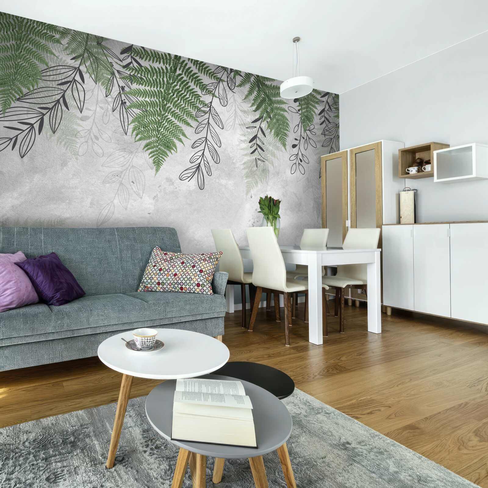 Fotobehang varenbladeren in groen op een grijze achtergrond