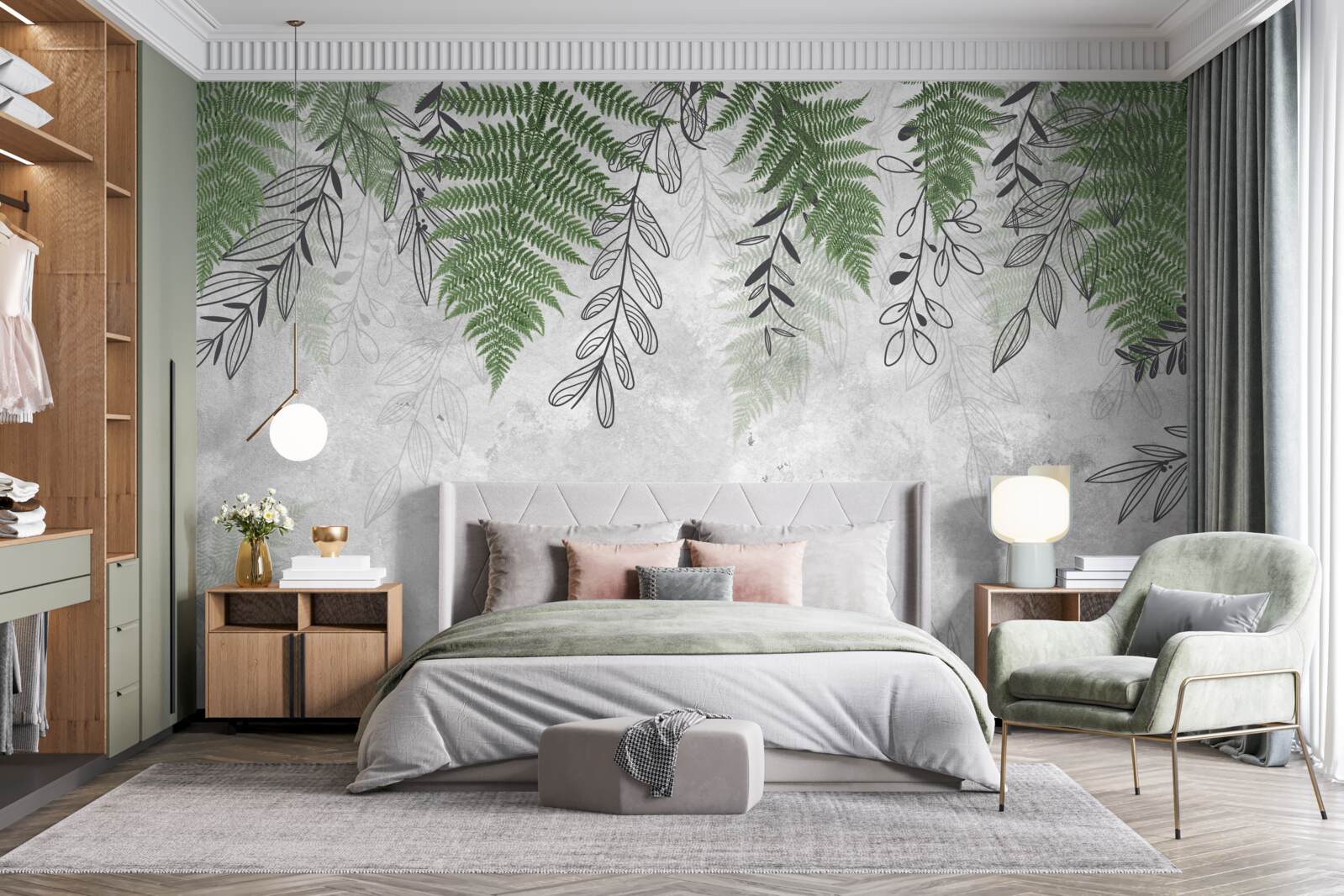 Fotobehang varenbladeren in groen op een grijze achtergrond