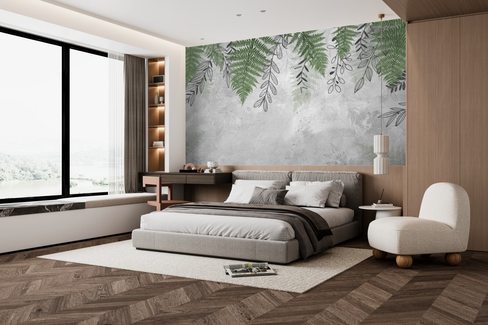 Fotobehang varenbladeren in groen op een grijze achtergrond